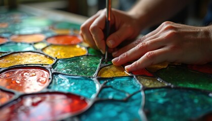 Obraz premium Close-up of skilled hands working on colorful stained glass art. Artisan hands hold tool and touch vibrant glass pieces. Stained glass artwork with intricate design and texture.