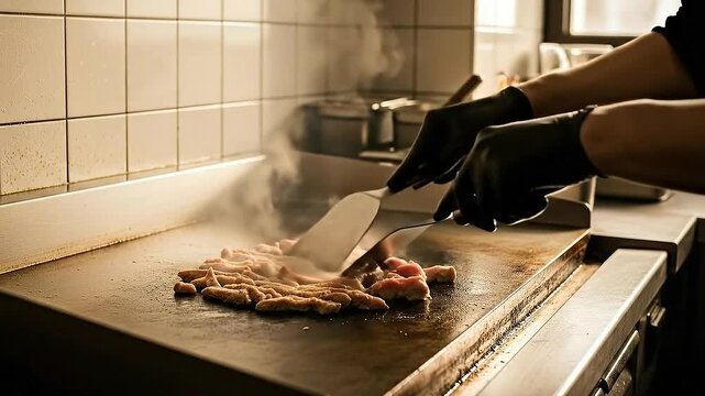 Chef Preparing Sizzling Meat on Flat Top Grill with Black Gloves White Tiled Background in Restaurant Kitchen Food Preparation for Culinary Content and Commercials 185 Char