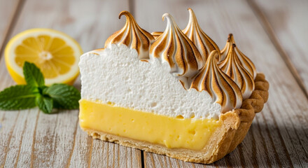 Close-up of a Delicious Lemon Meringue Pie Slice, Expertly Baked with Toasted Meringue Peaks, Creamy Lemon Filling, and Flaky Golden Crust, Garnished with Fresh Mint.