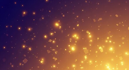 A beautiful abstract background with glowing golden particles scattered across a gradient of deep blue to warm orange.