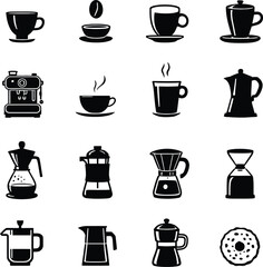 Coffee icons vector set various coffee preparation methods and coffee cups for cafe or restaurant 100