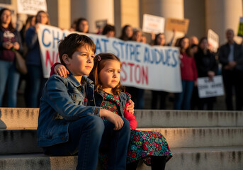 Obraz premium Children Sitting on Steps at a Sunset Protest