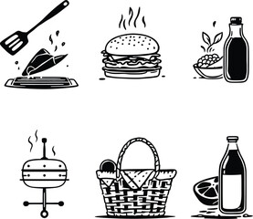 Black and white picnic barbecue grill burger food beverage vector illustration design element set