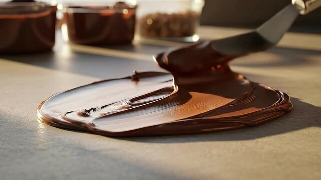 Dark Chocolate Spreading with Silver Spatula on Grey Surface Featuring Smooth Texture and Shiny Glaze Culinary Process Visualization Cooking Delicious Dessert Creation