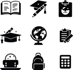 Education learning study school knowledge academic student vector icon set black and white illustration