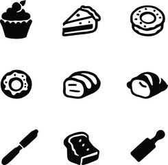 Bakery icons vector set with cupcake cake donut bread toast knife and rolling pin illustration design