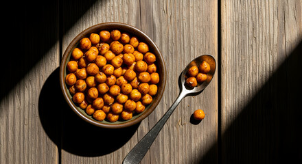 Roasted Chickpeas in Bowl with Spoon on Wooden Surface High Angle View