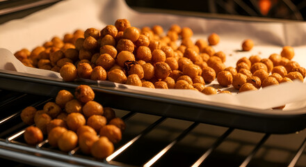 Roasted chickpeas on a baking tray inside an oven ready to be eaten for a healthy meal