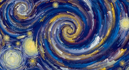 An abstract and swirling depiction of a night sky, reminiscent of van goghs style, with vibrant blues, yellows, and whites creating a mesmerizing and dreamlike celestial scene