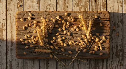 Rustic wooden table with wheat and seeds in natural sunlight creating a delightful view