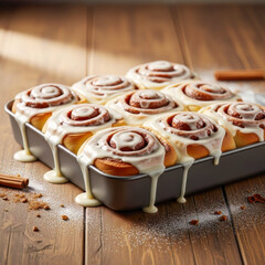 Stunning high-quality photo of tasty cinnamon rolls, freshly baked in a baking dish, generously drizzled with white icing on a brown wooden background.