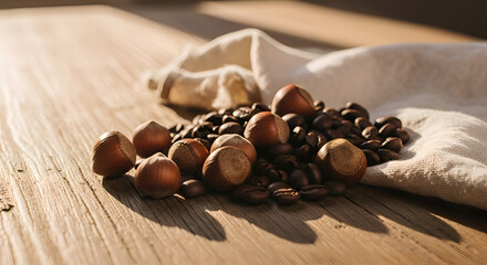 Roasted coffee beans and hazelnuts in a rustic setting with wooden table and daylight only