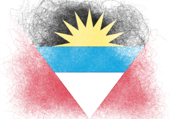 Stylized artistic rendering showcases the flag of Antigua and Barbuda, featuring bold geometric shapes in black, red, blue, white and yellow with a painterly, textured effect.
