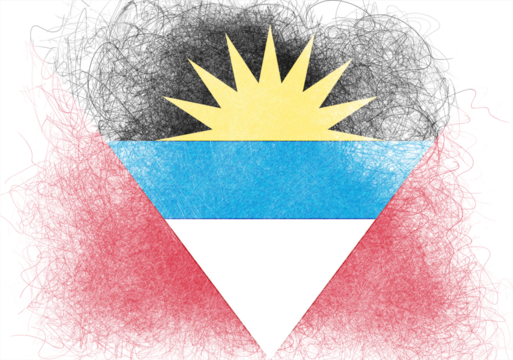 Stylized artistic rendering showcases the flag of Antigua and Barbuda, featuring bold geometric shapes in black, red, blue, white and yellow with a painterly, textured effect.