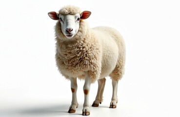 Fototapeta premium Full length frontal studio shot shows sheep with white wool on white background. Cute farm animal stands still, looks at camera. Symbolizes domestic livestock, spring, lambing season.