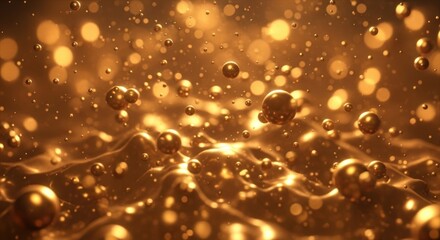 Abstract golden liquid with shimmering bubbles and light reflections, creating a luxurious and dynamic visual effect.