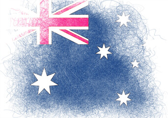 Stylized depiction of the Australian flag featuring a deep blue field scattered with white stars and the Union Jack emblem in the corner with a scratchy grunge aesthetic edge effect.