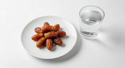 Fototapeta premium High Angle View of Sweet Dates on a Small White Plate with a Clear Glass of Water on a Plain White Background