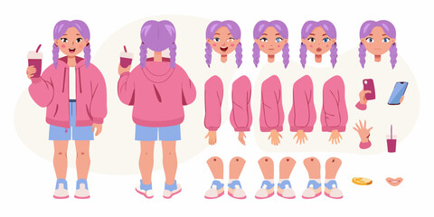 Animated character kit for a young girl with purple pigtails holding a drink and a smartphone