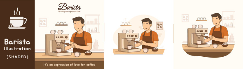 Barista Making Coffee with Espresso Machine Vector Illustration