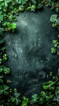 A circular frame made of green leaves on a dark surface