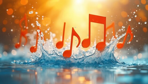 Musical notes create splash in water. Orange melody symbols design with light, bokeh on colourful background. Audio art, creative expression. Perfect for music festivals audio related content.