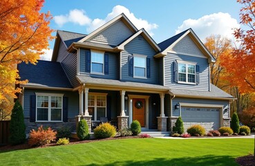 Blue suburban house with colorful autumn trees surrounding it. Landscaped lawn and siding improvement on a sunny day. Perfect for home renovation and seasonal change themes.