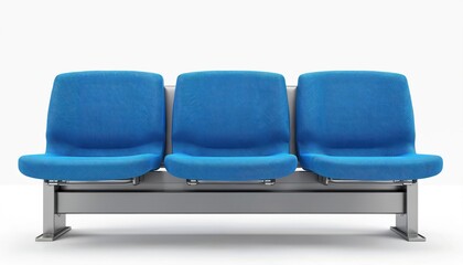 Three blue public transport seats arranged in a row. Modern design, clean upholstery, metal frame. Ideal for waiting areas, stations, or vehicle interiors.