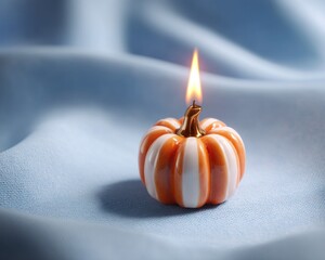 Pumpkin shaped candle with a flame on a blue fabric