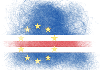 Stylized rendering of the national flag of Cape Verde features a textured effect with a scribble border, the colors include shades of blue, white and red, accented by ten yellow stars.