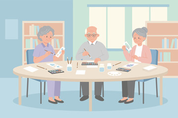 Seniors enjoying a creative painting activity together Joyful hobby for elderly in a group