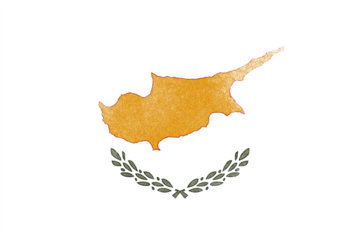 A stylized illustration displays Cyprus' national flag with its golden island silhouette above a pair of olive branches, all set against a white backdrop with a textured, slightly