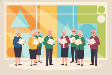 Joyful senior citizens singing together in a choir promoting active aging and community