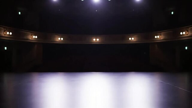 Empty Theater Stage Illuminated by Bright Spotlights with Elegant Purple Velvet Curtains Open Ready for a Performance Show or Event