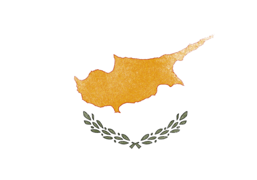 A stylized illustration displays Cyprus' national flag with its golden island silhouette above a pair of olive branches, all set against a white backdrop with a textured, slightly
