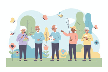 Happy seniors exploring nature observing insects with magnifying glass and net Active outdoor leisure