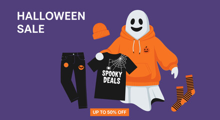 Halloween sale advertisement featuring a friendly ghost and festive apparel like hoodies tshirts jeans and socks on a purple background