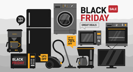 Black Friday sale illustration with household appliances and discount offers
