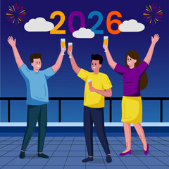 Flat Vector Illustration of New Year Party Celebration, year 2026 Fireworks and People