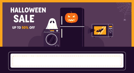 Halloween sale banner with spooky home appliances like washing machine refrigerator and microwave Great for retail promotions