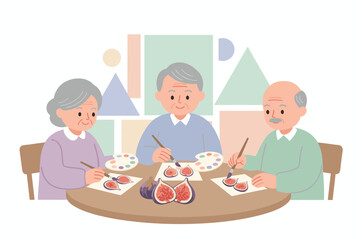 Elderly people painting figs enjoying creative hobby Leisure activity engagement mental wellbeing