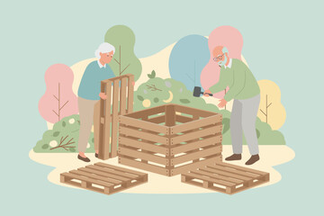 Senior couple building a compost bin from pallets in their garden promoting sustainable living