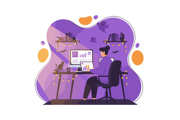 Person working remotely from a cozy home office decorated for Halloween analyzing data