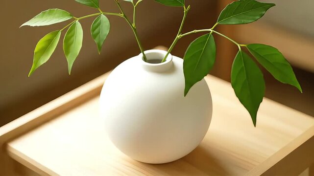 Elegant White Round Vase with Fresh Green Leaves on a Light Wooden Tabletop a Minimalist Home Decor Scene for Modern Interior Design