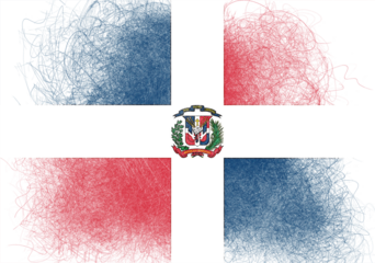 Stylized Dominican Republic flag featuring the national coat of arms and a textured, somewhat distressed edge, evokes a feeling of historical significance and national identity.