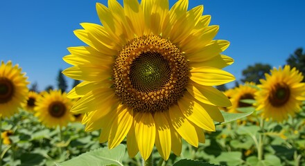 Obraz premium Vibrant sunflower field against a clear blue sky daytime photography