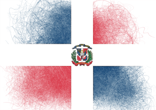 Stylized Dominican Republic flag featuring the national coat of arms and a textured, somewhat distressed edge, evokes a feeling of historical significance and national identity.