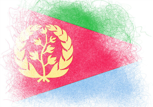 An artistic rendition of the Eritrean flag in a slightly distressed style, featuring the national colors of green, red, and light blue arranged in geometric shapes, with a golden