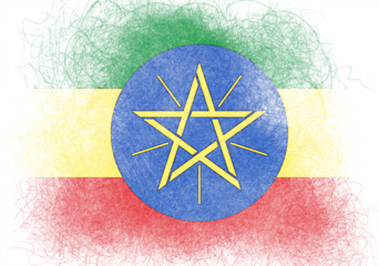 An artistic rendering shows the Ethiopian flag with textured, scribble-like edges framing the green, yellow, and red stripes, and a central blue disc featuring a yellow star with