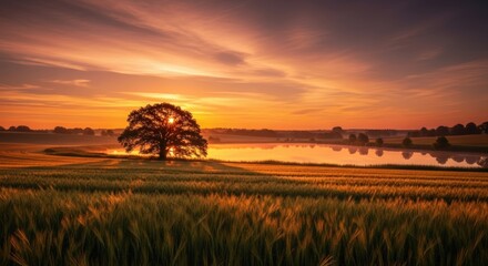 A majestic oak tree stands silhouetted against a vibrant orange and yellow sunset over a tranquil lake and a field of wheat.